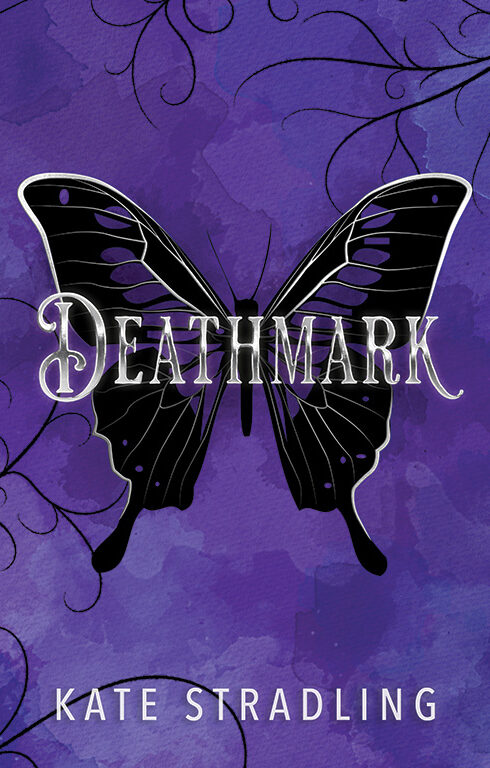 Book cover for DEATHMARK by Kate Stradling: a black butterfly with silver wing veins against a purple-blue watercolor-style background, with black tendrils curling in from the margins